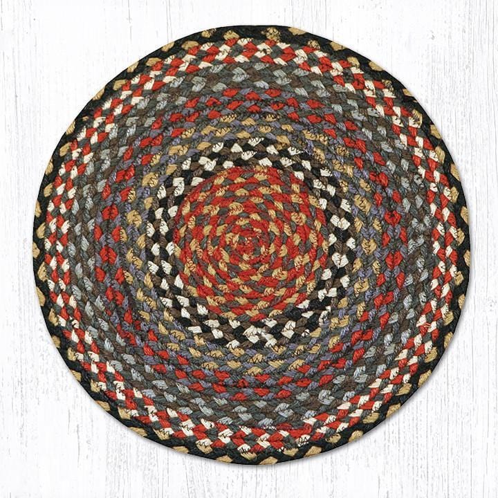 Rustic Burgundy, Blue, & Gray Round Braided Natural Jute Chair Pad - Ozark Cabin Décor, LLC