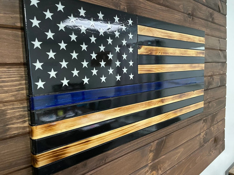 91106 Thin Blue Line Law Enforcement Wooden American Flag - Ozark Cabin Décor, LLC