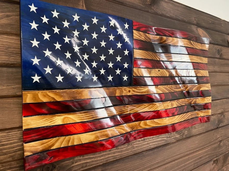 3-D Handmade Rustic Wooden Waving American Flag