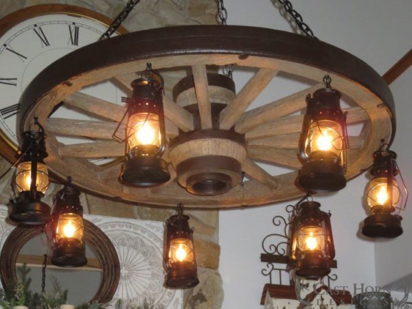 Large Wagon Wheel Chandelier with Lanterns - Ozark Cabin Décor, LLC