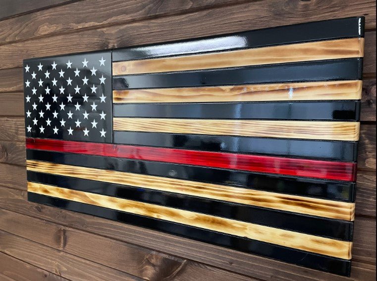 91110 Handcrafted Thin Red Line Wooden Fireman Flag - Ozark Cabin Décor, LLC