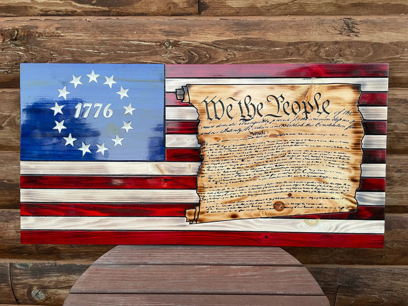 Rustic Wooden "We The People" 1776 Betsy Ross American Flag - Ozark Cabin Décor, LLC
