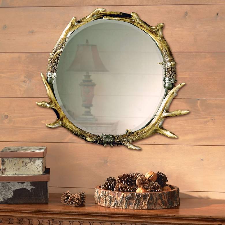 Stag Horn Faux Antler Round Wall Mirror