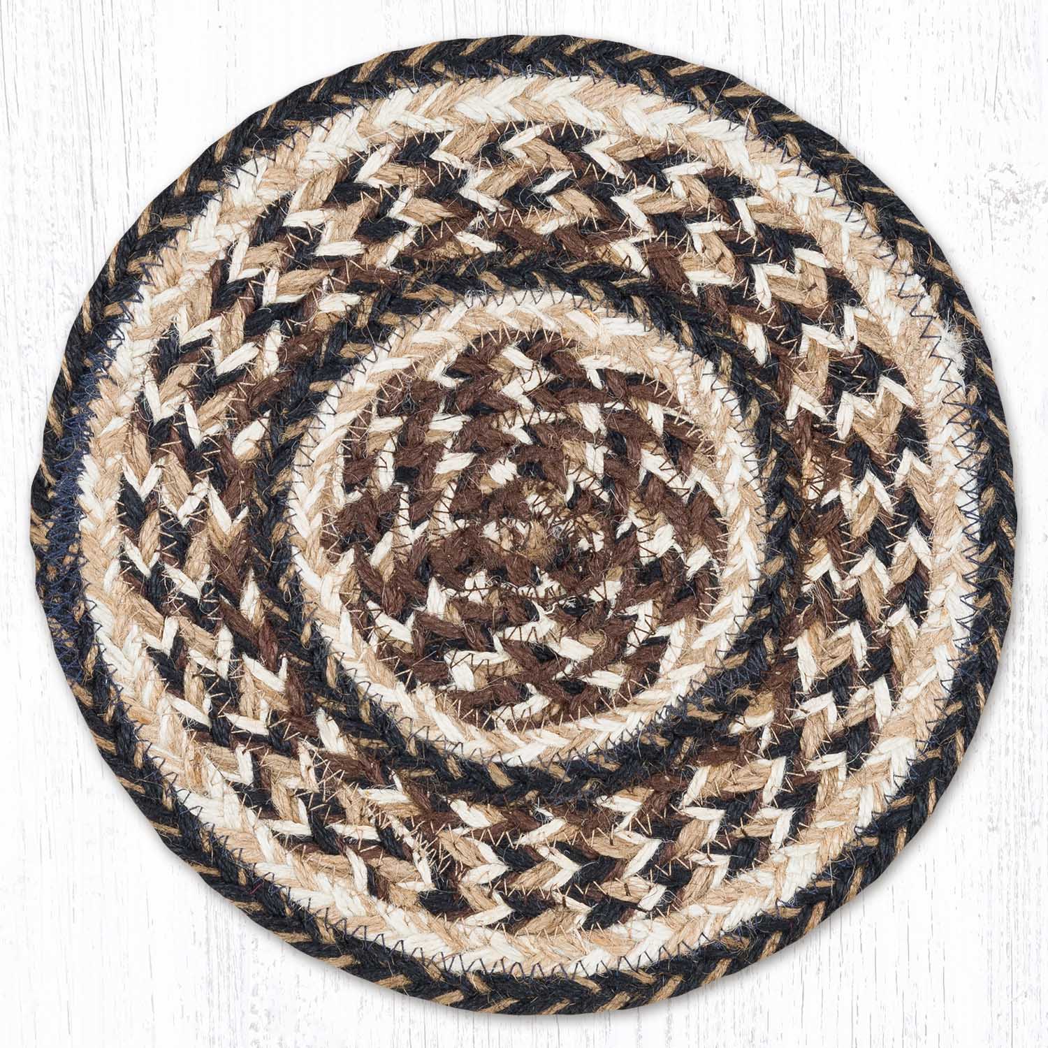 Black and Tan 10" Round Braided Jute Trivet