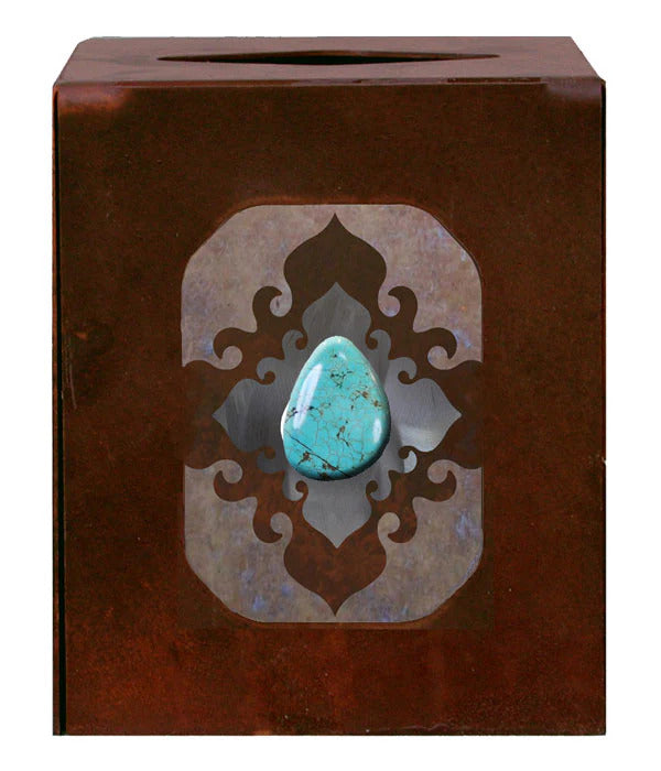 Burnished Stone With Turquoise Stone Square Tissue Box Cover