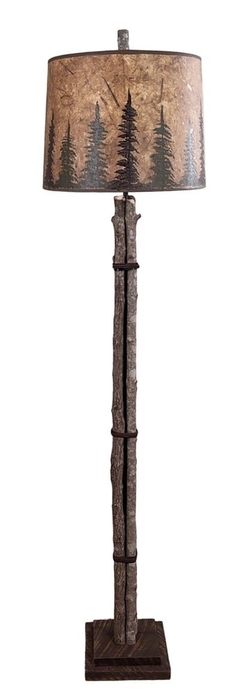 Twig and Leather Floor Lamp with Pine Tree Shade - Ozark Cabin Décor, LLC