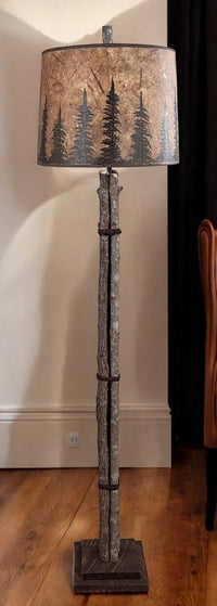 Twig and Leather Floor Lamp with Pine Tree Shade - Ozark Cabin Décor, LLC