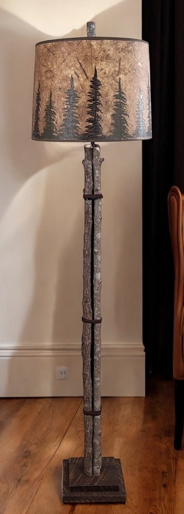 Twig and Leather Floor Lamp with Pine Tree Shade - Ozark Cabin Décor, LLC