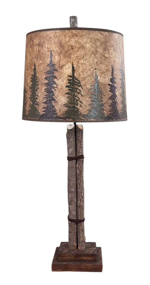 Twig and Leather Table Lamp w/Pine Tree Shade - Ozark Cabin Décor, LLC