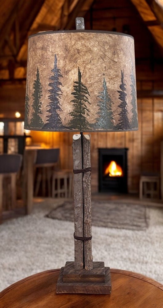 Twig and Leather Table Lamp w/Pine Tree Shade - Ozark Cabin Décor, LLC