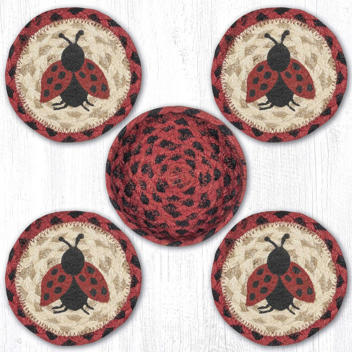 Ladybug 5" Round Braided Natural Jute Coaster Set 
