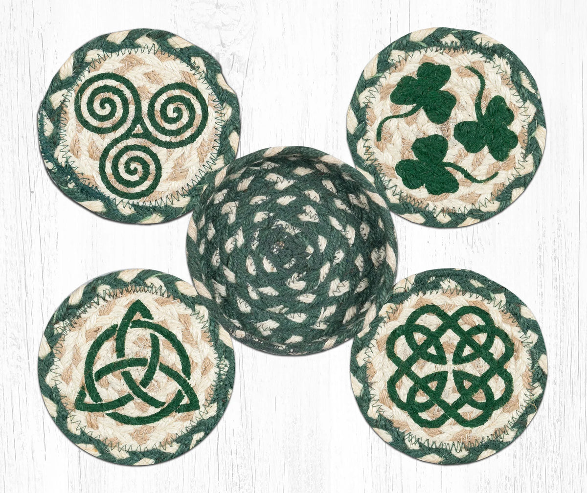 5" Round Braided Natural Jute Coasters With Hand-Stenciled Irish Designs and Matching Basket Set