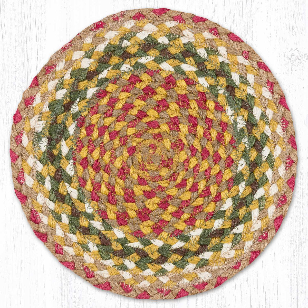 Olive/Burgundy/Gray 10" Round Braided Jute Trivet