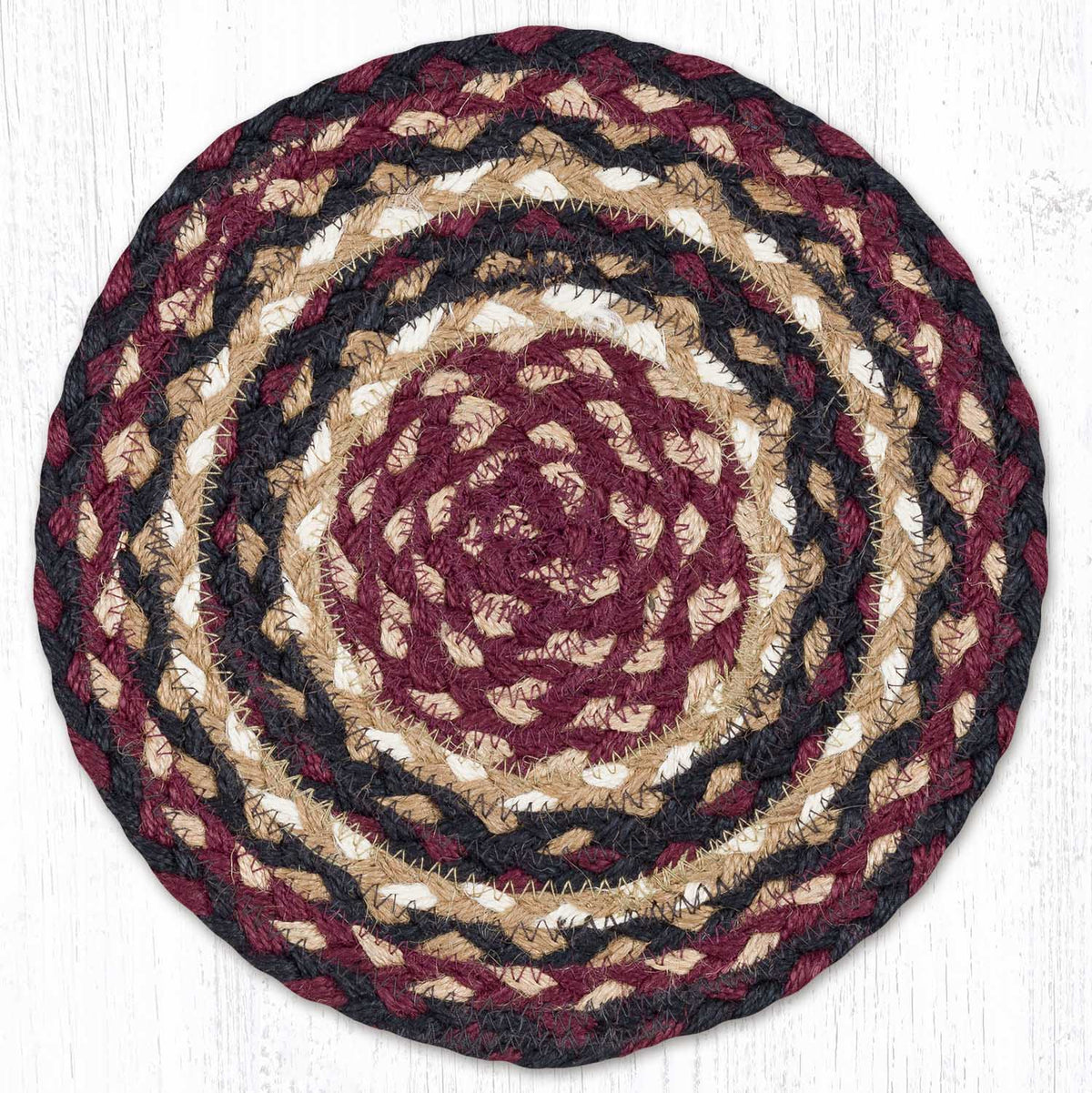 Burgundy/Black/Tan Braided Jute Trivet & Swatch - Ozark Cabin Décor, LLC