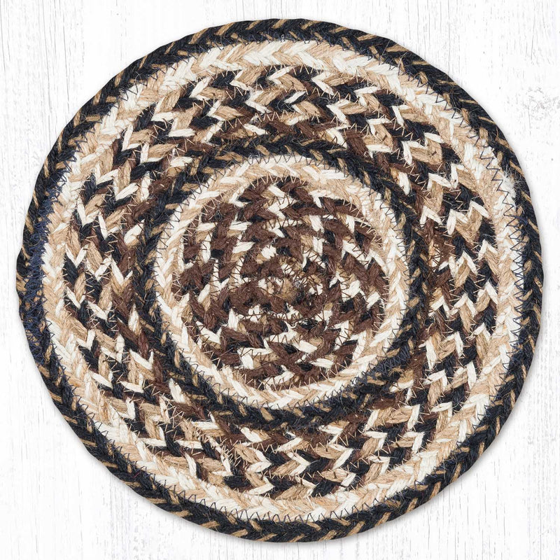 Black & Tan 10" Round Braided Jute Trivet