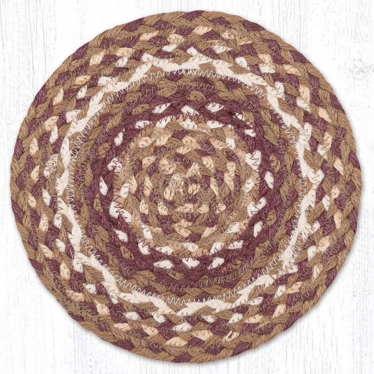 Tan/Ivory/Burgundy 10" Round Braided Jute Trivet