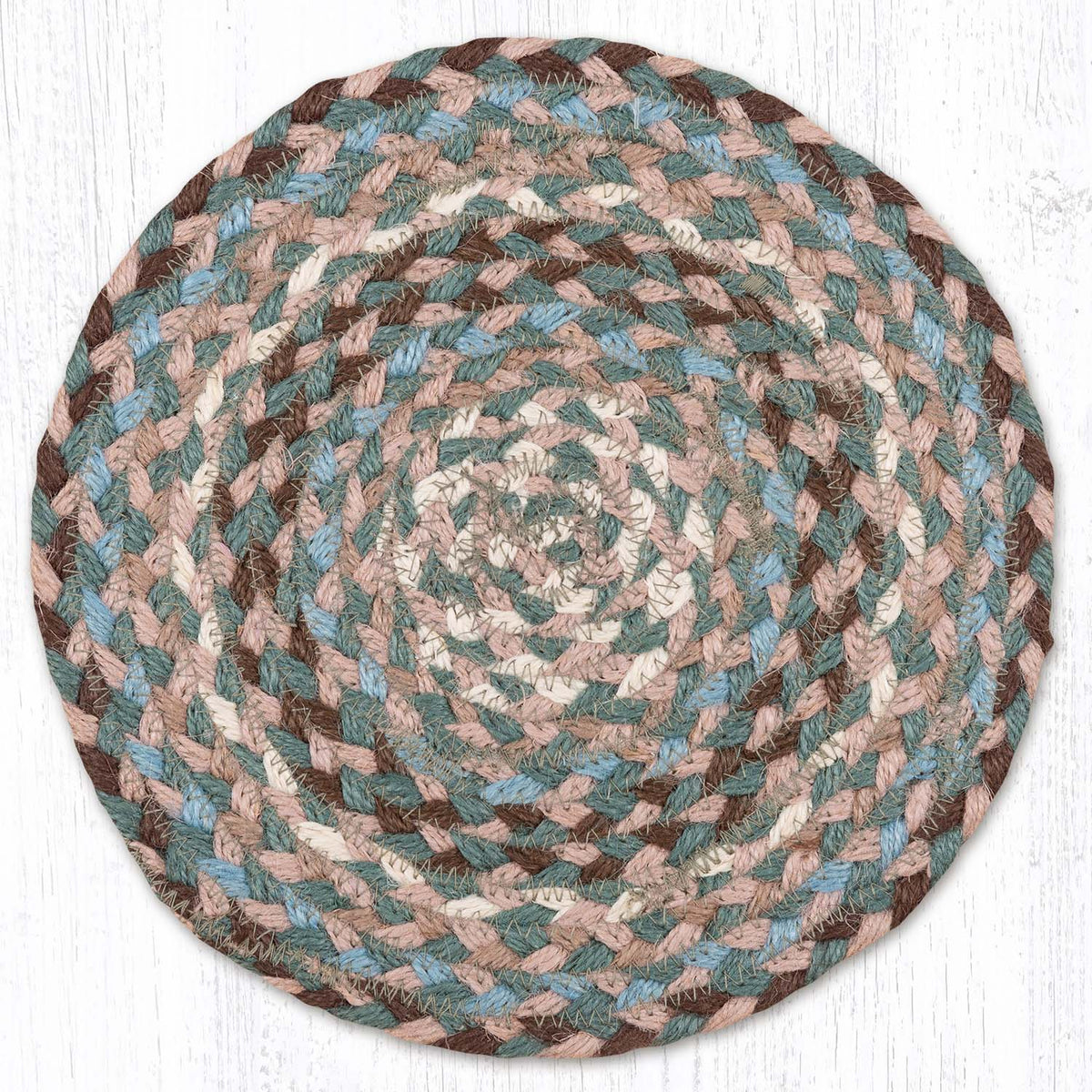 Taupe/Ivory/Light Blue 10" Round Braided Jute Trivet
