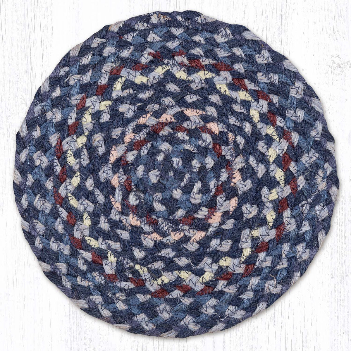 Blue/Gray/Burgundy 10" Round Braided Jute Trivet