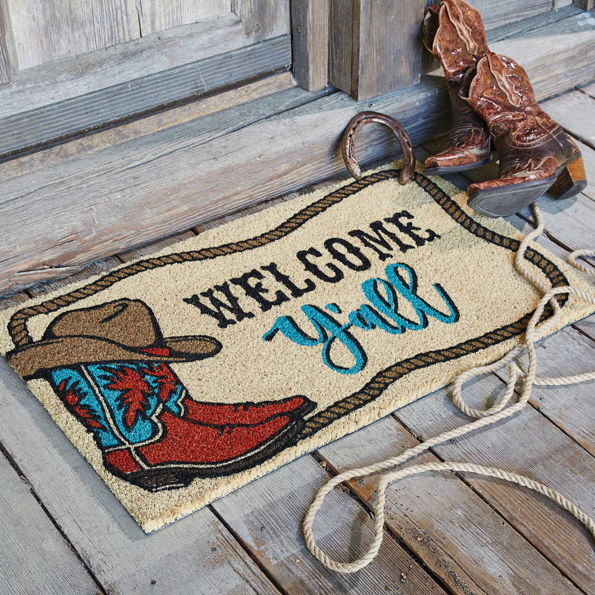 Welcome Y'all Coir Doormat with Cowboy Boots, Hat, and Rope frame around mat