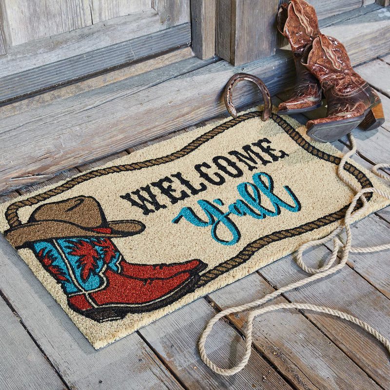 Welcome Y'all Coir Doormat with Cowboy Boots, Hat, and Rope frame around mat