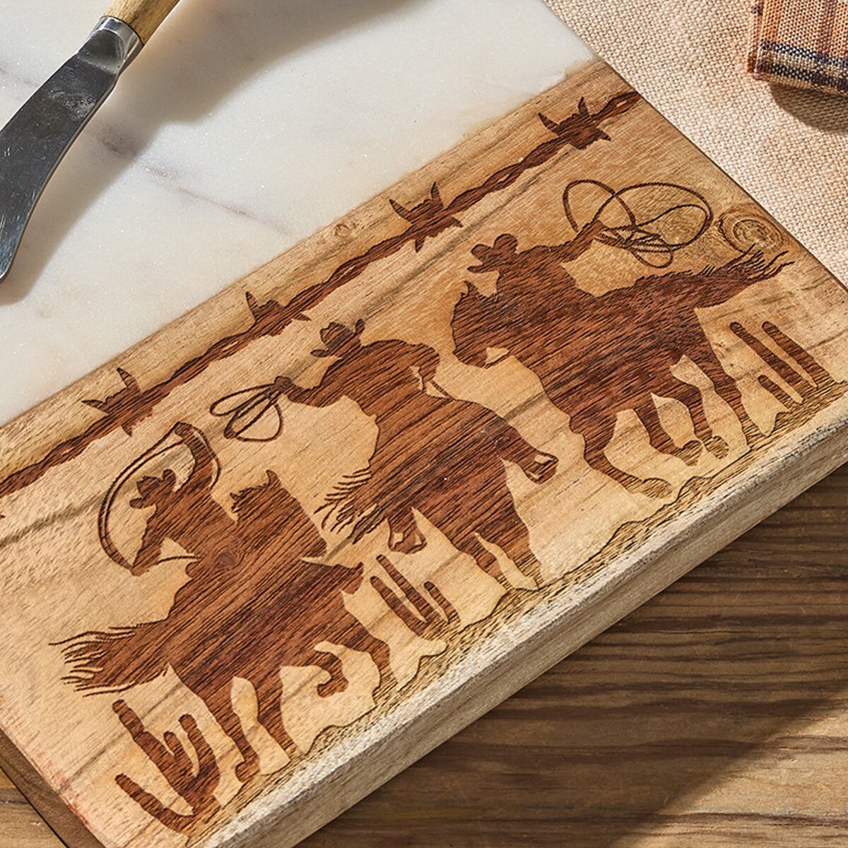Cowboy Wood & Marble Cutting Board with Spreader - Thumbnail 3