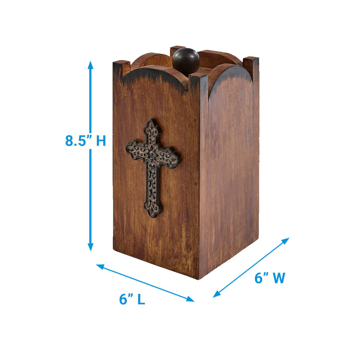 Mission Cross Mango Wood Small Canister Dimensions of 8.5"Hx6"Lx6"W