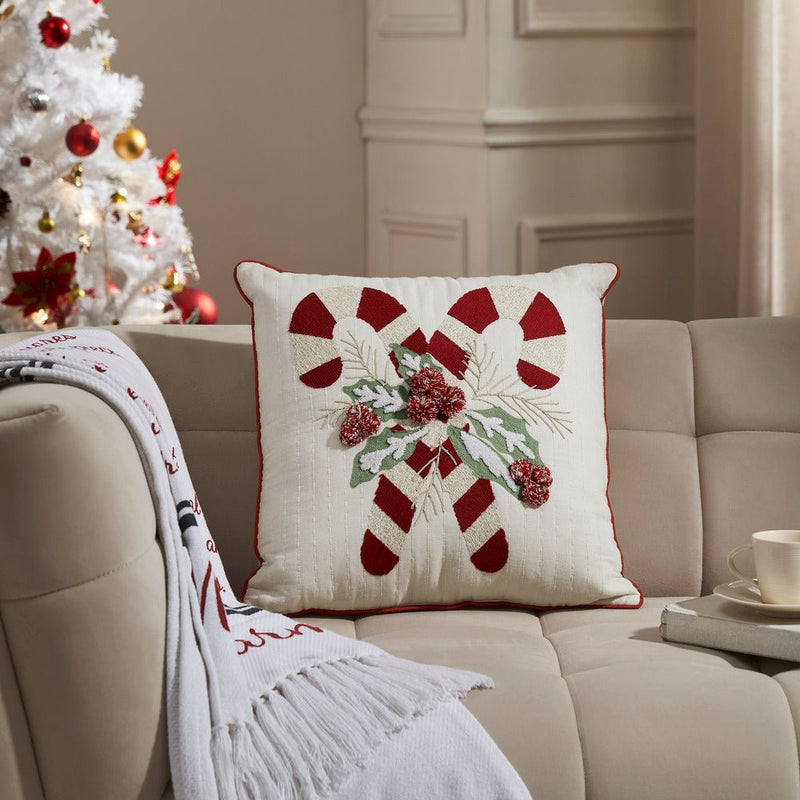 Candy Cane & Holly Throw Pillow - Ozark Cabin Décor, LLC