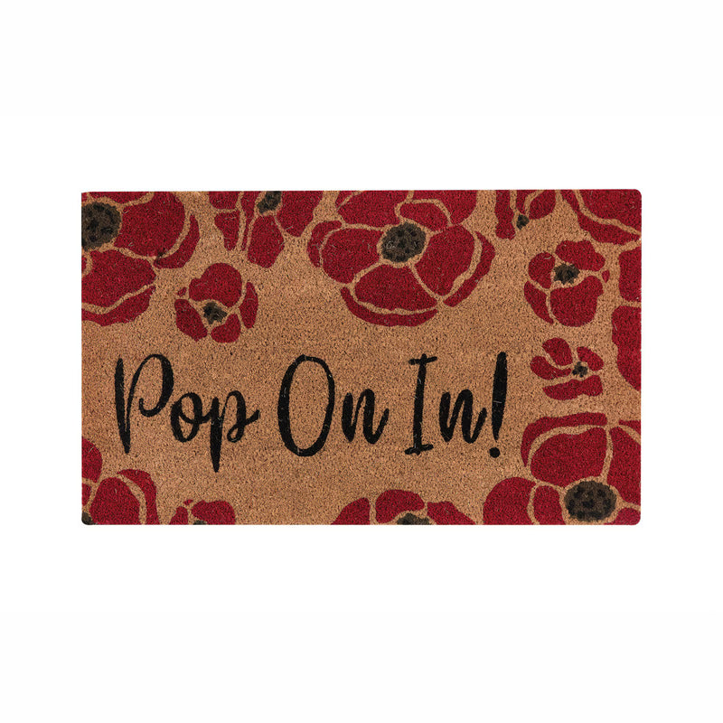 Poppy Coir Doormat with Red Poppy Flowers and "Pop On In!" Message