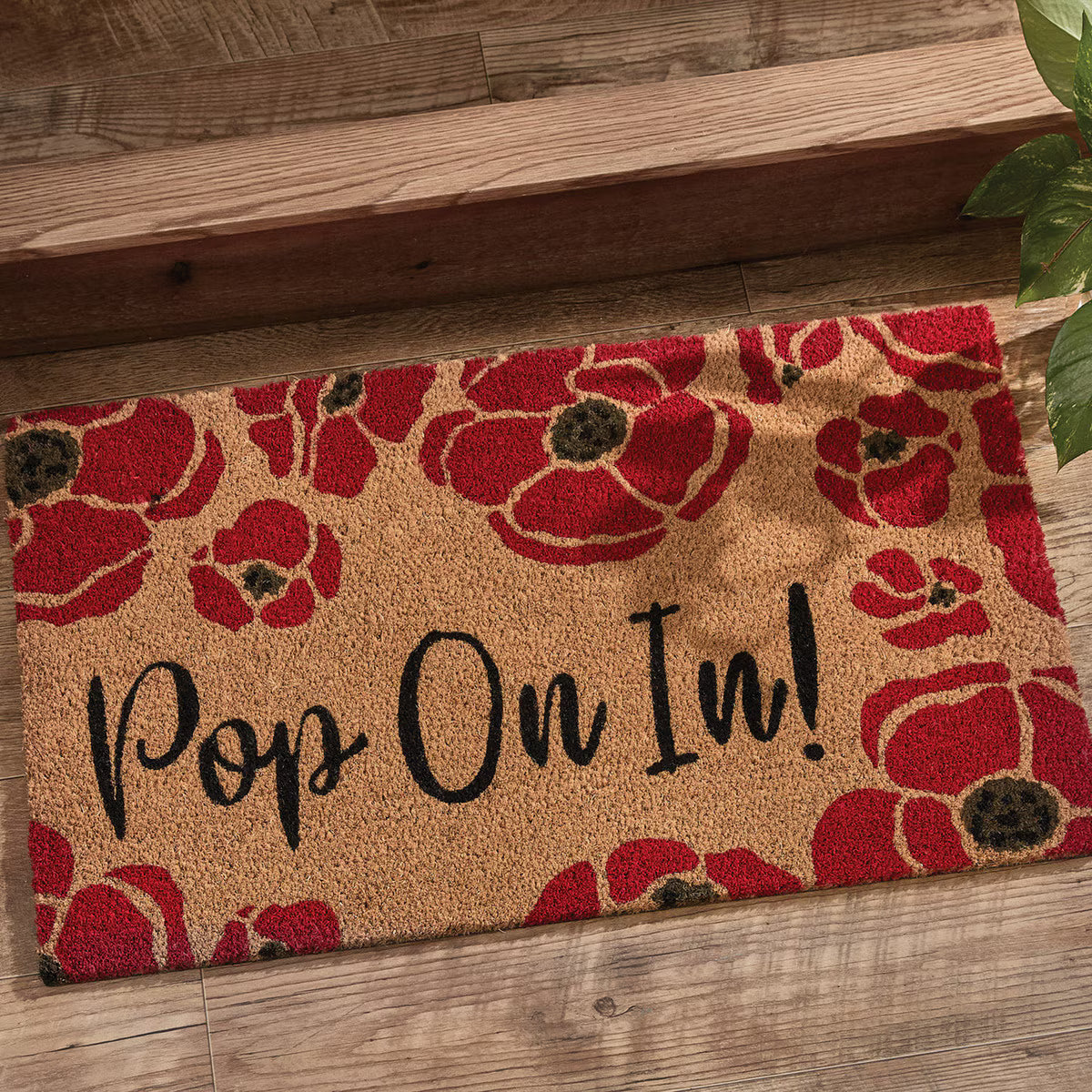 Poppy Coir Doormat with Red Poppy Flowers and "Pop On In!" Message
