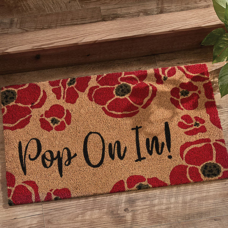 Poppy Coir Doormat with Red Poppy Flowers and "Pop On In!" Message