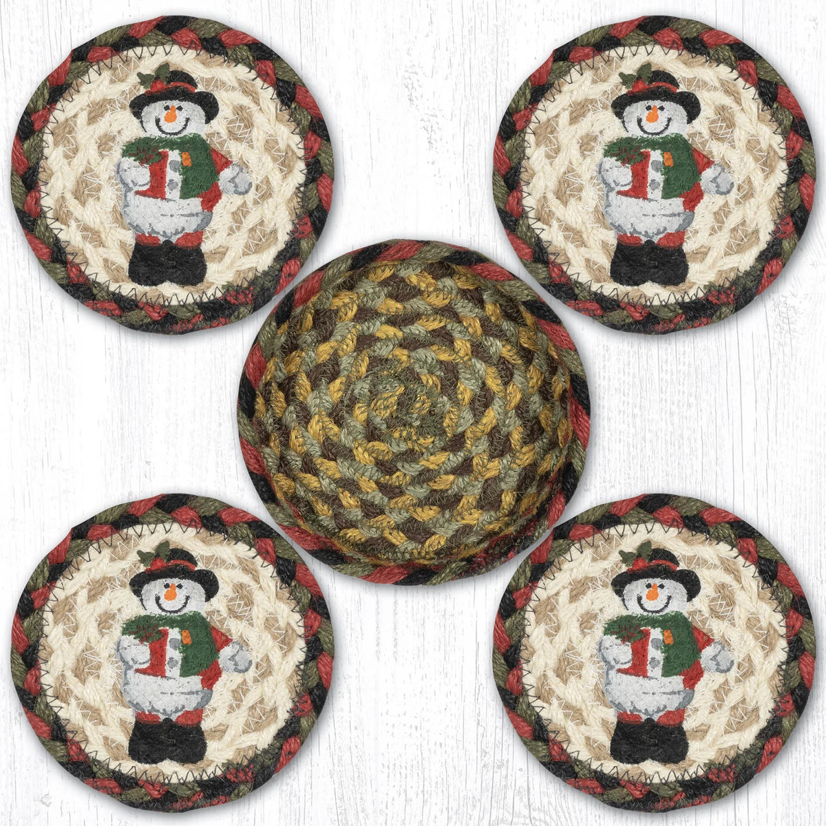 Snowman In Top Hat 5" Round Braided Natural Jute Coaster Set