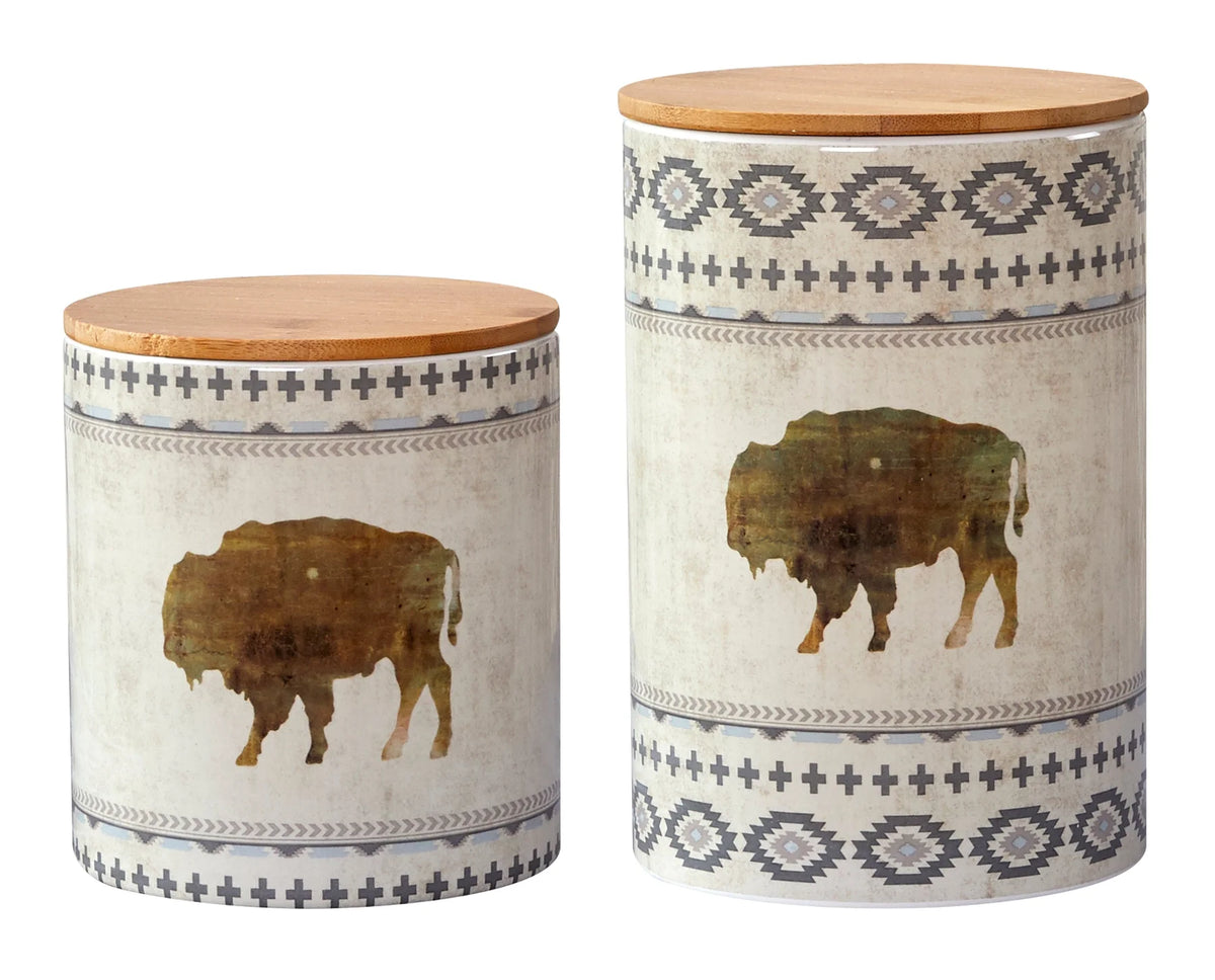 Rustic Southwestern Buffalo Spirit Ceramic Canister Set With Bamboo Lids