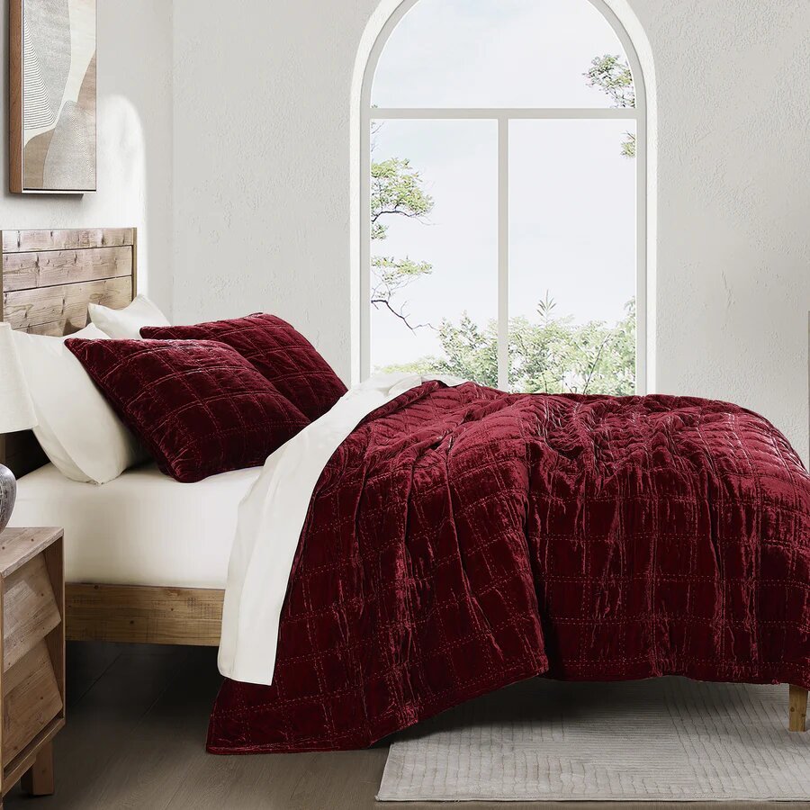 Stella Faux Silk Velvet Double Box Stitch Quilt Set - Thumbnail 2