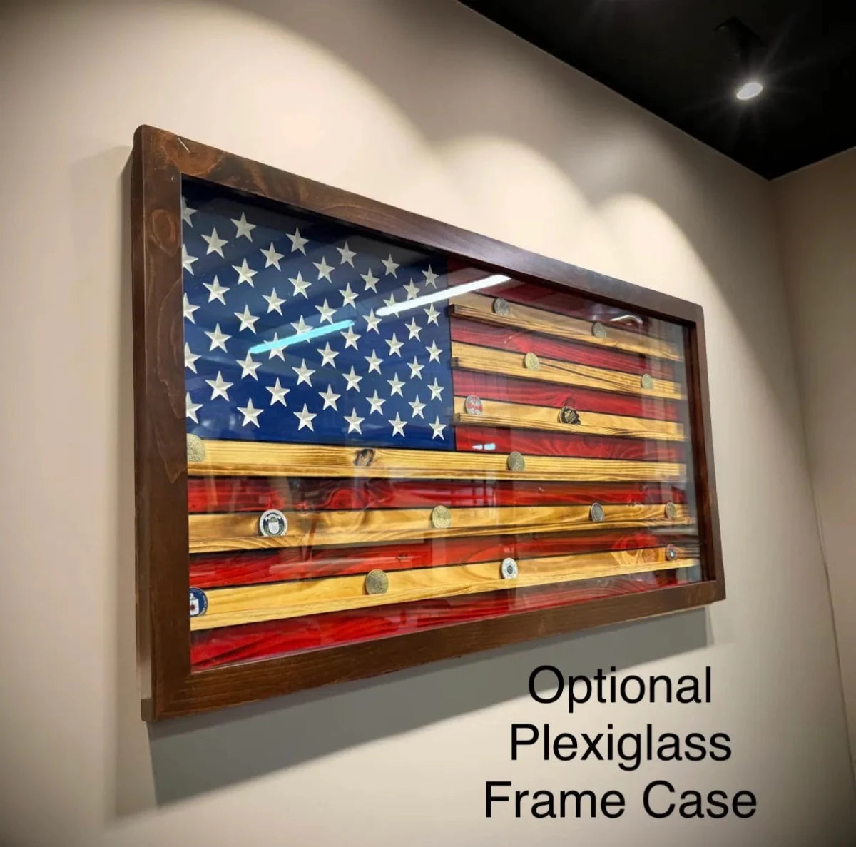Challenge Coin Framed & Plexiglass Wooden American Flag - Ozark Cabin Décor, LLC