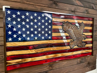 USA Handmade 3-D Rustic Wooden Waving American Flag With 3-D Hand-Carved Bald Eagle Wall Art 