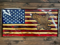 USA Handmade 3-D Rustic Wooden Waving American Flag With 3-D Hand-Carved Bald Eagle Wall Art 