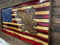 USA Handmade 3-D Rustic Wooden Waving American Flag With 3-D Hand-Carved Bald Eagle Wall Art 
