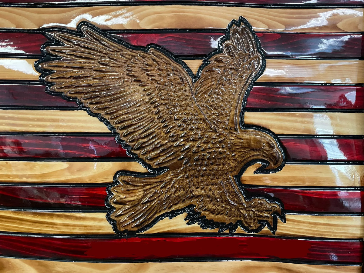 USA Handmade 3-D Rustic Wooden Waving American Flag With 3-D Hand-Carved Bald Eagle Wall Art 