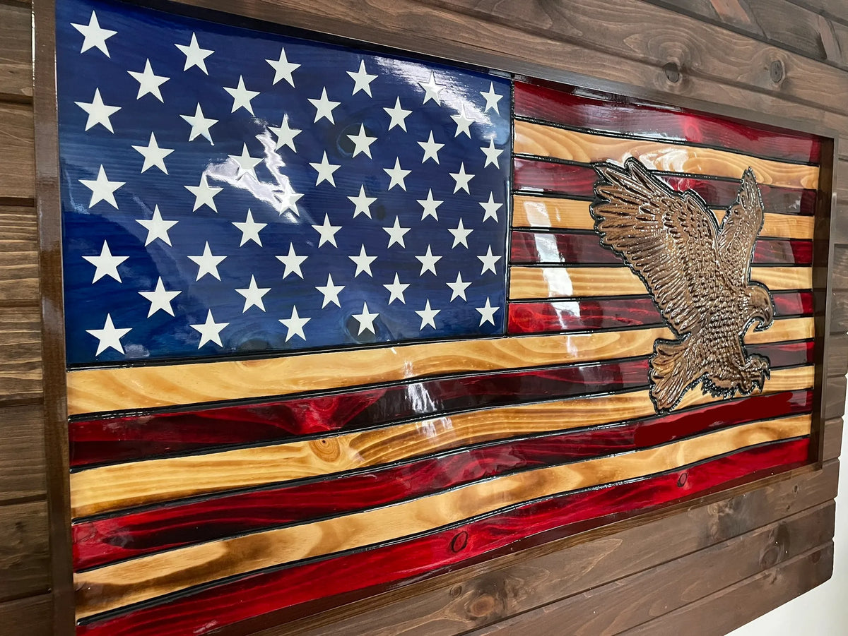 USA Handmade 3-D Rustic Wooden Waving American Flag With 3-D Hand-Carved Bald Eagle Wall Art 