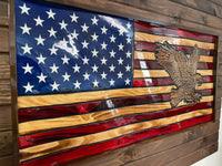 USA Handmade 3-D Rustic Wooden Waving American Flag With 3-D Hand-Carved Bald Eagle Wall Art 