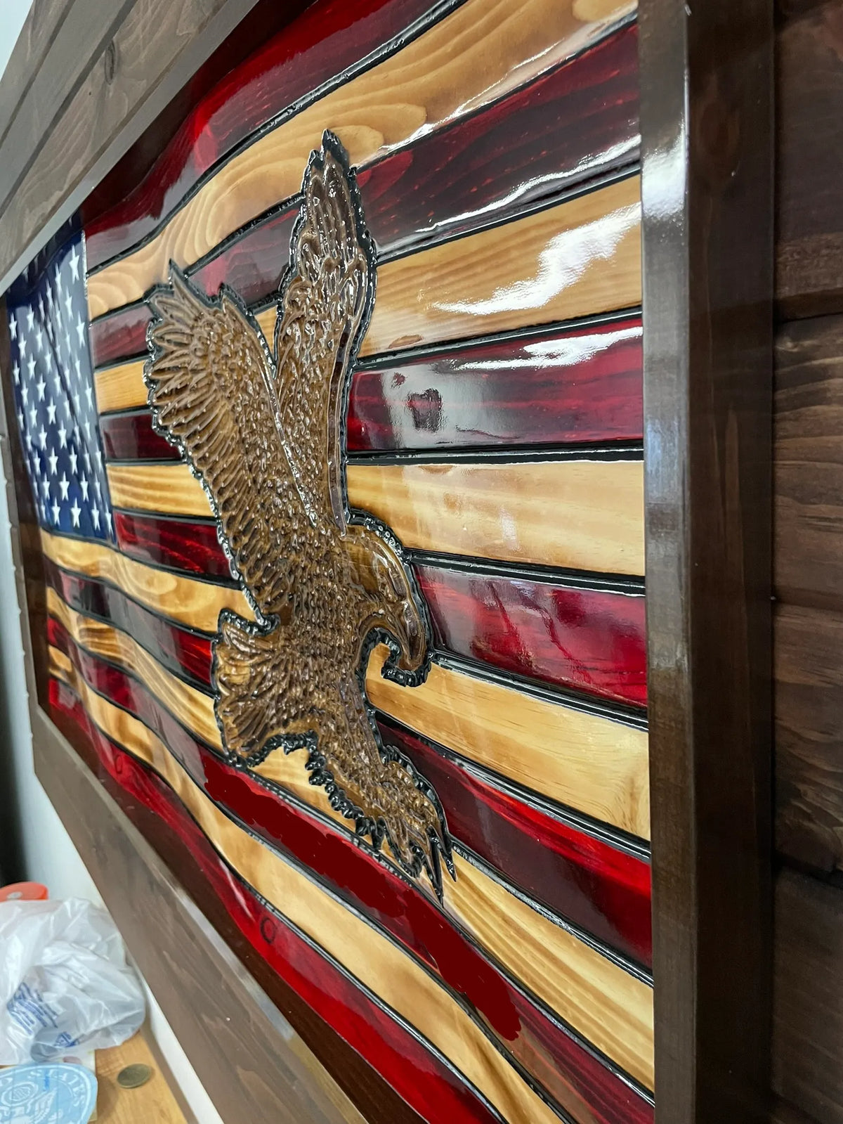 USA Handmade 3-D Rustic Wooden Waving American Flag With 3-D Hand-Carved Bald Eagle Wall Art 