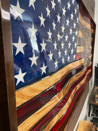 USA Handmade 3-D Rustic Wooden Waving American Flag With 3-D Hand-Carved Bald Eagle Wall Art 