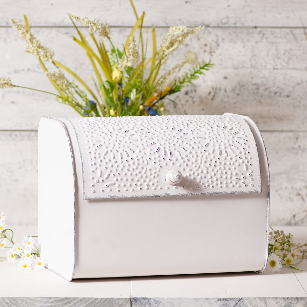 Punched Tin Bread Box - Rustic White - Ozark Cabin Décor, LLC