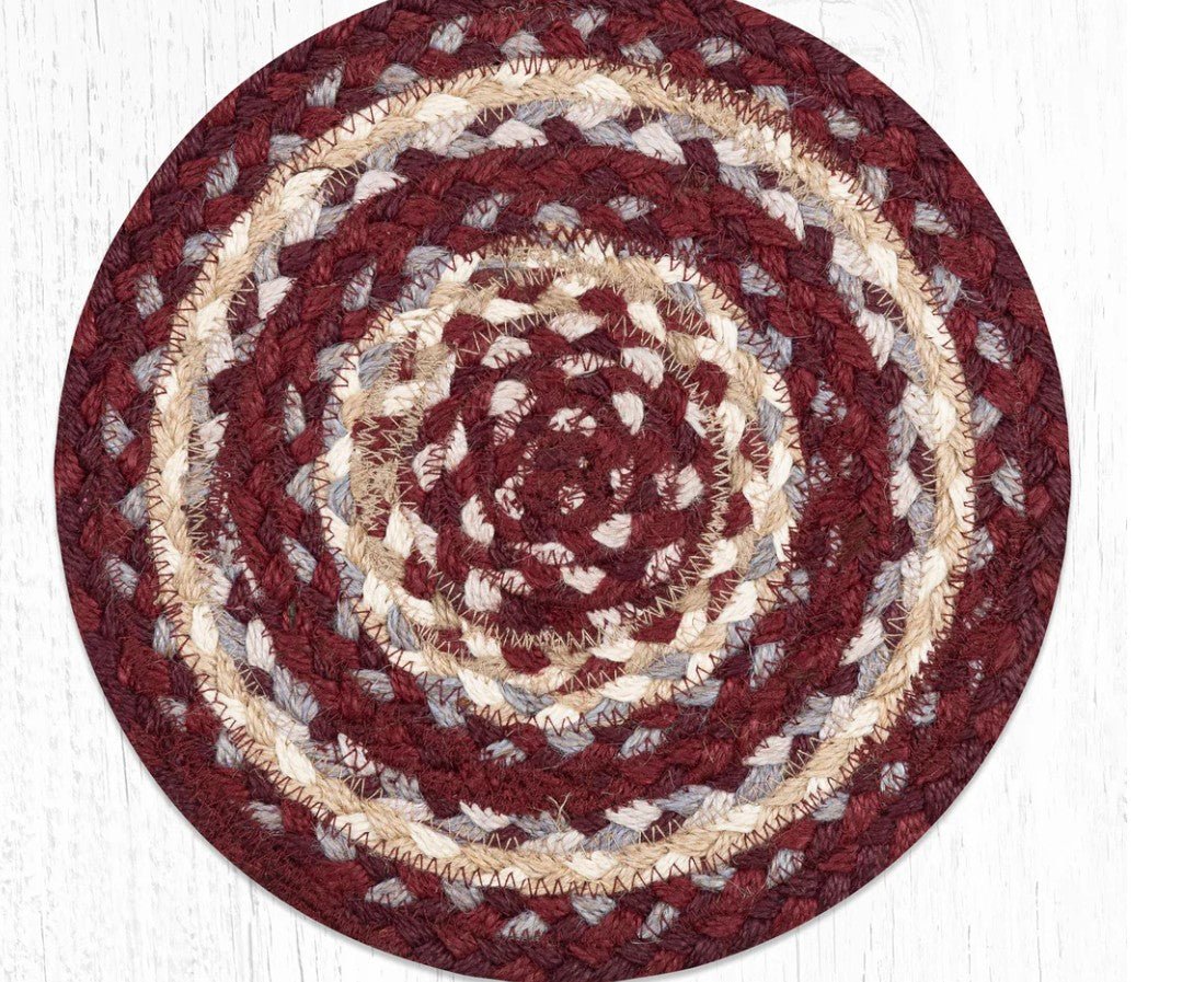 Burgundy/Gray/Cream Braided Jute Trivet & Swatch - Ozark Cabin Décor, LLC