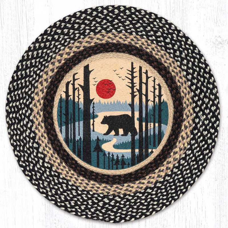 Rustic Hand-Stenciled Bear Scene 27" Braided Natural Jute Round Patch Rug