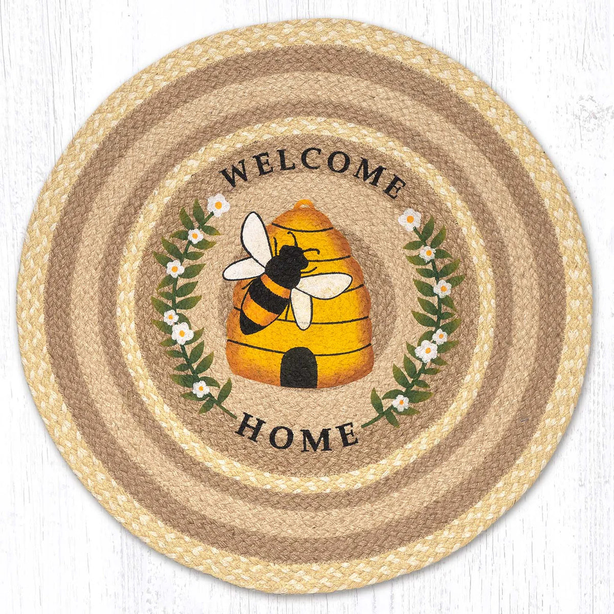 Rustic Hand-Stenciled Beehive Welcome Home 27" Braided Natural Jute Round Patch Rug 