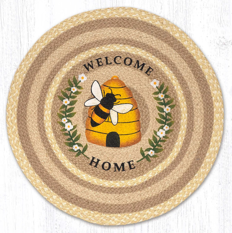 Rustic Hand-Stenciled Beehive Welcome Home 27" Braided Natural Jute Round Patch Rug 