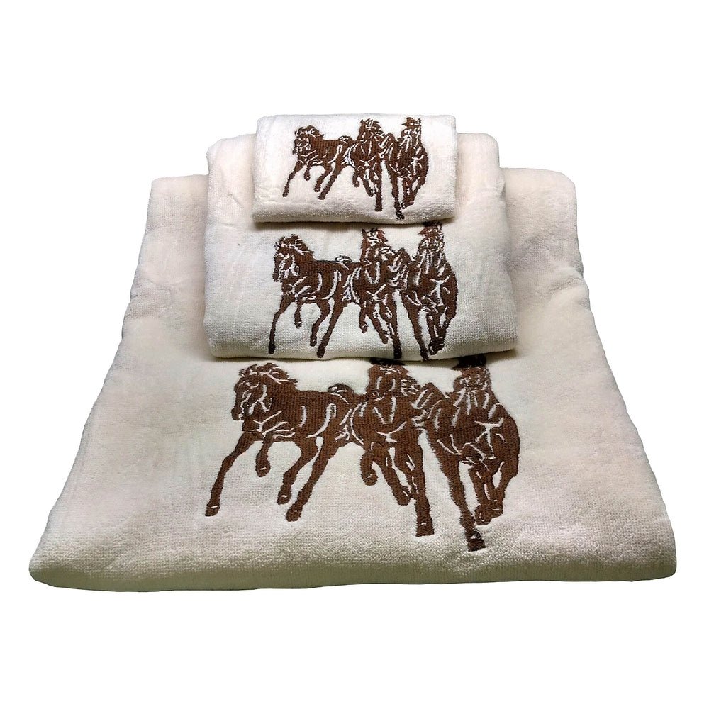 3 Running Horses Embroidery 6 - PC Bath Towel Set - Cream - Ozark Cabin Décor, LLC