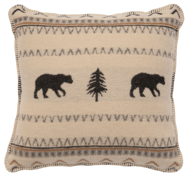 Wooded River Boulder Wool Pillow with Cedar Tree between Two walking bears.