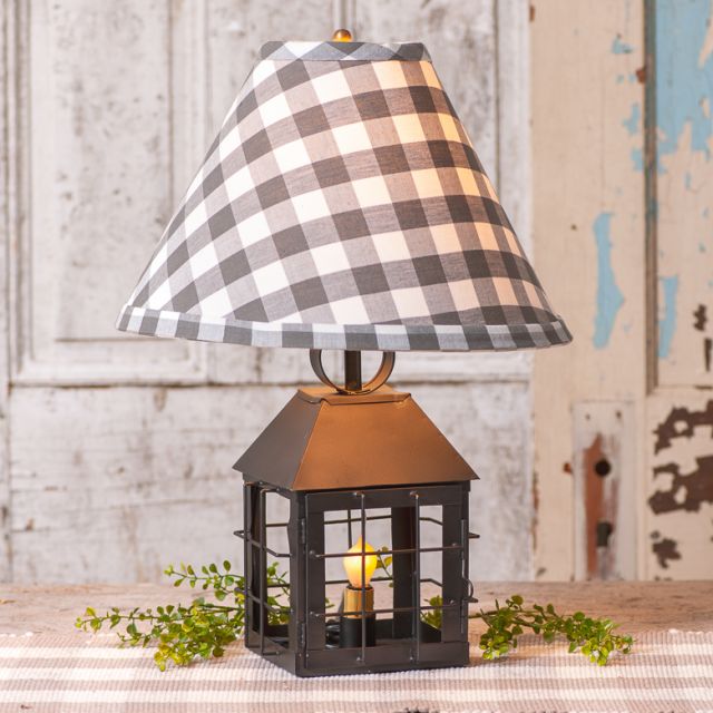 Colonial Lantern Lamp with Gray Check Shade - Ozark Cabin Décor, LLC